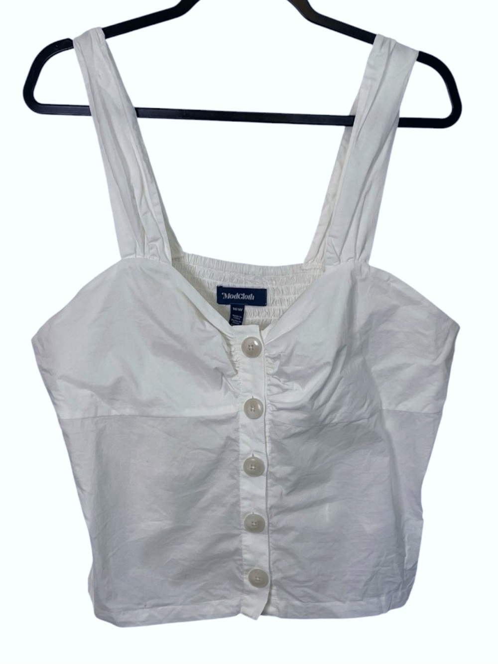 ModCloth White Button-Front Crop Tank Top Size 16W Smocked Back Square Neck